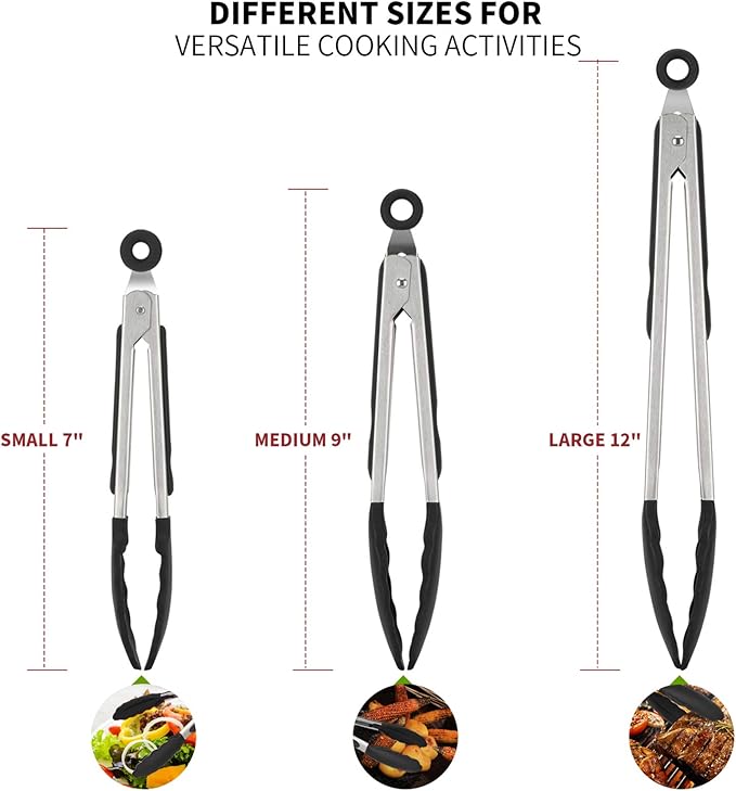 Kitchen Tongs, U-Taste 7/9/12 inches Cooking Tongs, with 600ºF High Heat-Resistant Non-Stick Silicone Tips, 18/8 Stainless Steel Handle, for Food Grill, Salad, BBQ, Frying, Serving, Pack of 3(Black)