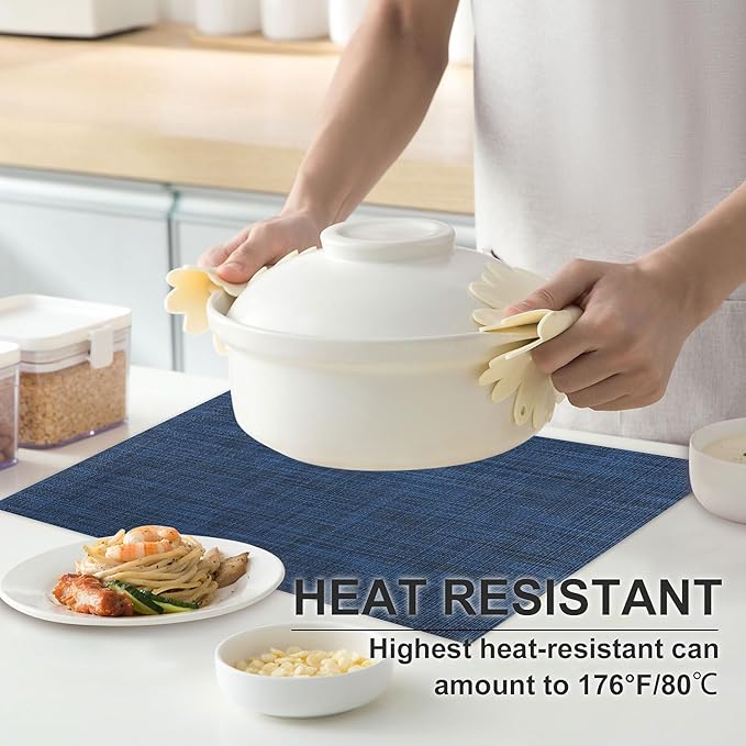 Vinyl Placemats Set of 4, PVC Woven Washable Non-Slip Table Mats, Heat Resistant Wrinkle Free Place Mats for Dining Table, Easy to Clean (4, Navy Blue)