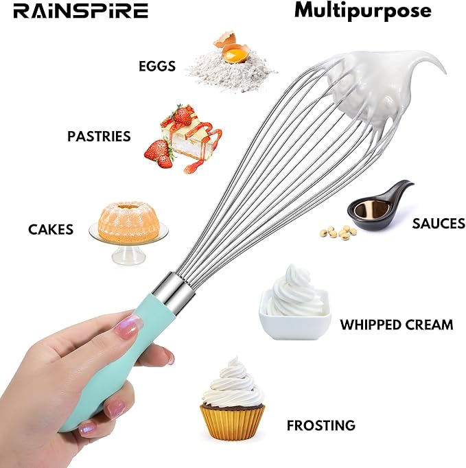 Rainspire 12-Inch Wire Whisk Stainless Steel, Balloon Whisks for Cooking, Wisk Wisking Tool With Soft Silicone Handle, Thick Durable Whisker for Blending, Beating, Whisking, Stirring, Mint Green