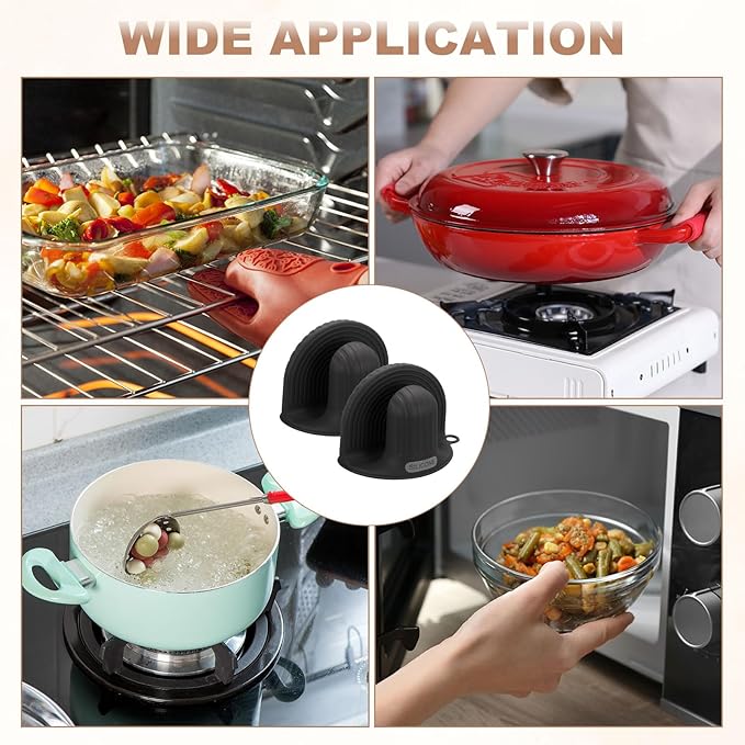 uxcell 2 Pcs Silicone Oven Mitts, Heat Resistant Mini Oven Gloves Silicone Pot Holders Mini Finger Protector Cooking Pinch Grips for Air Fryer Kitchen Cooking & Baking, Black