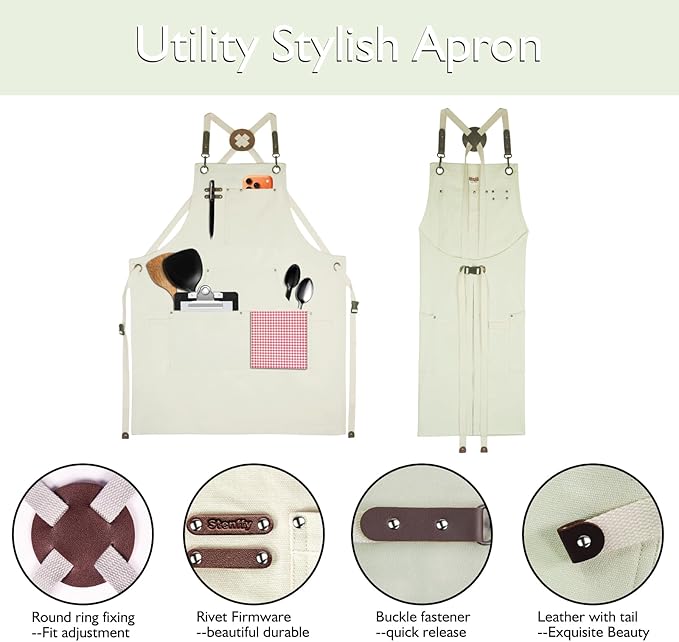 Kitchen Apron, Work Apron, Canvas, Multiple Pockets, Gardening, Painting, BBQ, Artist, Carpenter, Sizes M to XXL, White