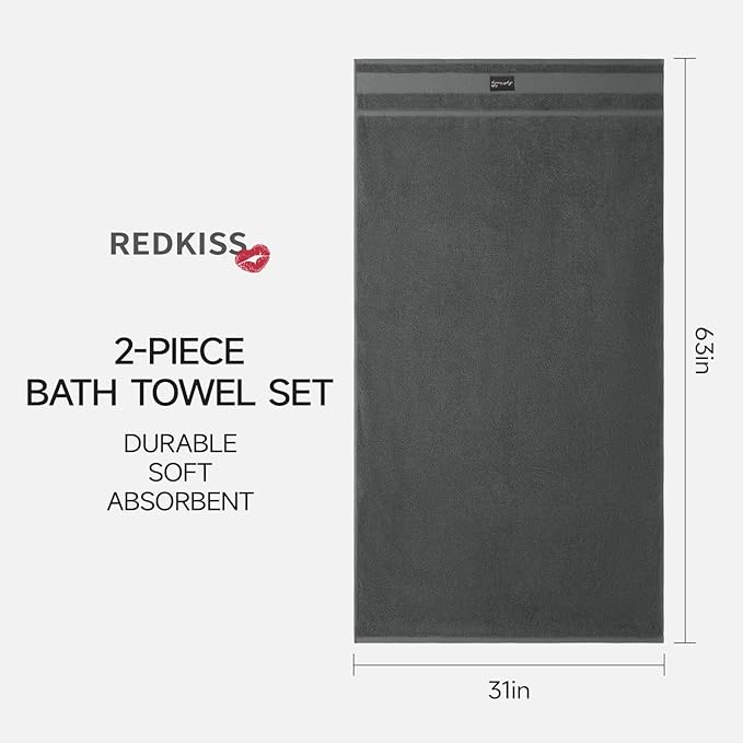 REDKISS 2 Pack Large Bath Towels Set, 100% Cotton, 31x63 in, Heavyweight 760G, Highly Absorbent & Quick Dry, Super Soft Luxury Towels for Bathroom,Hotel Collection - Dark Gray