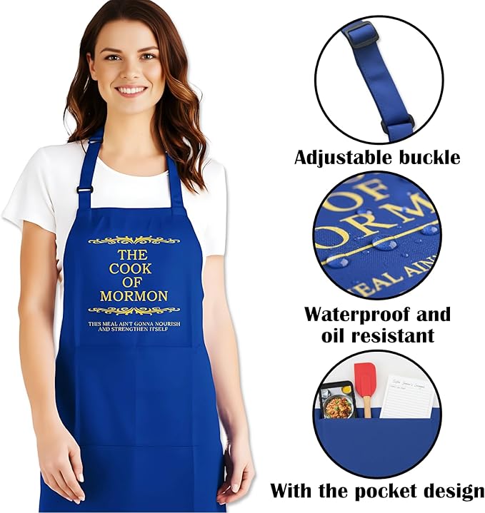 Cook of Mormon LDS Apron – Waterproof, Adjustable Neck Strap, Large Pocket, Funny Kitchen Apron for BBQ or Home Use