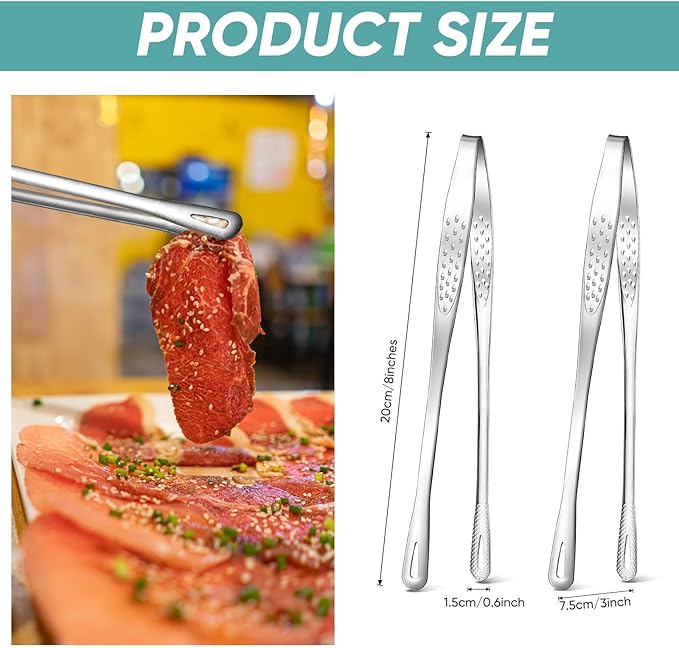 meekoo 6 Pcs 7.8 Inches Stainless Steel Korean BBQ Grill Tongs Japanese Barbecue Tongs for Cooking Portable Kitchenware Home Outdoor Steak Salad Food