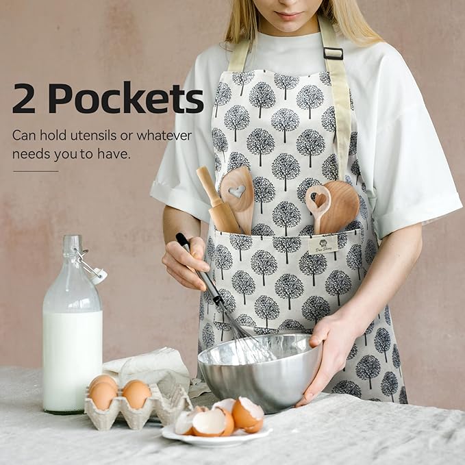 NLUS 2 Pack Waterproof Cooking Aprons, Adjustable Bib Soft Chef Apron with 2 Pockets for Men Women (Gray Stripe/Gray Trees)