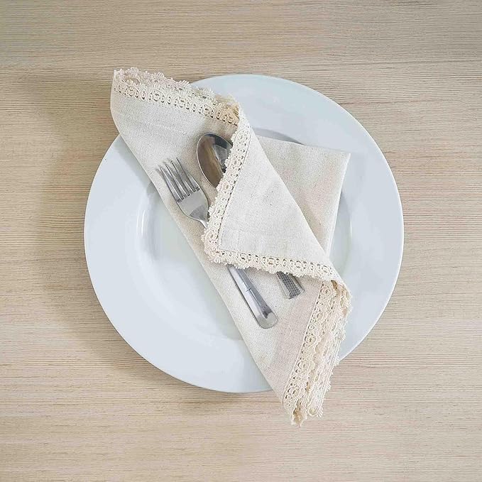 FINGERCRAFT Dinner Cloth Napkin Cotton Linen 4 Pack Vintage Rustic Premium Quality Mitered Corners Napkin Cloth with Elegant Lace for Everyday Use, Pre Shrunk and Good Absorbency 20x20 in Ivory
