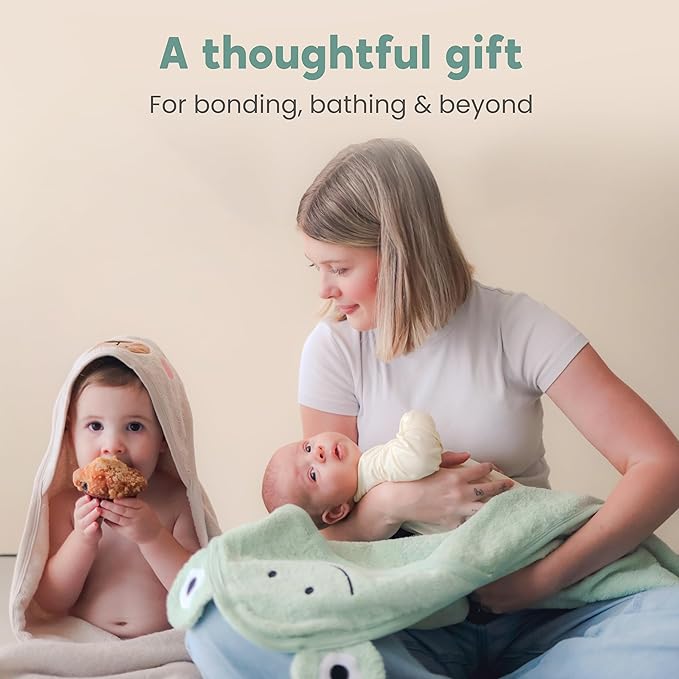 CuddleBug Premium Hooded Baby Bath Towel & Washcloth Set (Bear) - 100% Cotton Terrycloth Hooded Baby Towels for Newborn & Toddler - Super-Soft & Absorbent, Newborn Essentials (33" x 33") - Sage Green