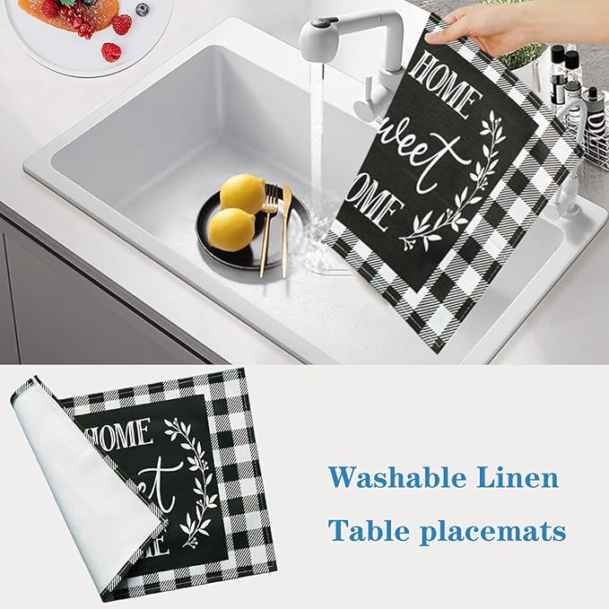 Buffalo Plaid Placemats Set of 6 Black and White Checkered Place Mats Rustic Cloth Table Mats - Linen Washable Wipeable Heat Resistant Placemats for Dining Table Kitchen Coffee Dinner