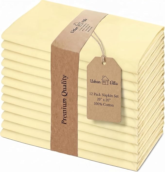 Urban Villa Cloth Napkins Yellow Dinner Napkins Set of 12 (20X20) 100% Cotton Absorbent Washable Durable Reusable Cloth Napkins Ideal for Easter Decorations Hotel Collection Farmhouse Parties Napkins