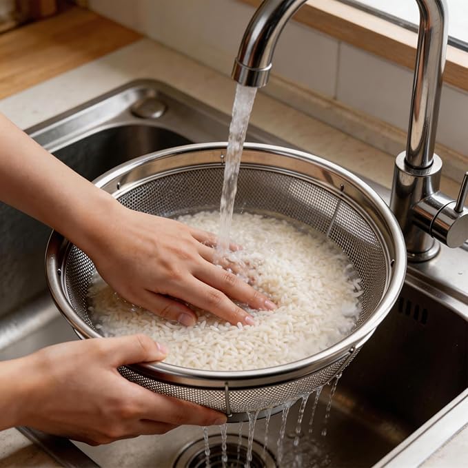Fine Mesh Strainer for Kitchen, 4 Quart Stainless Steel Colander Bowl for Pasta, Rice, Fruit, Metal Net Baskets with Resting Base - Strain, Drain, Rinse