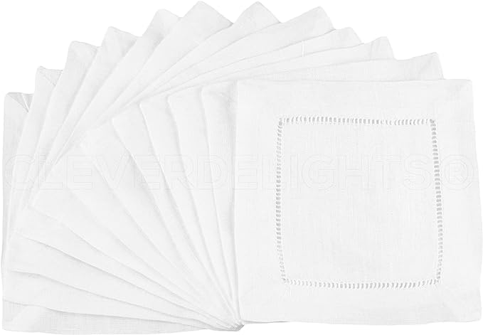 CleverDelights White Hemstitch 6" Cocktail Napkins - 12 Pack - 55/45 Linen Cotton Blend