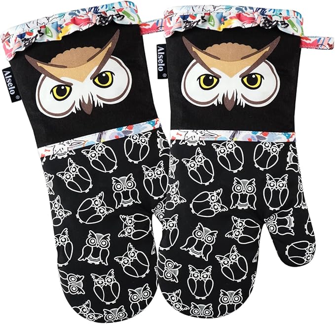 Alselo Oven Mitts, Heat Resistant with Soft Quilted Cotton Lining Set of 2, Fashion Animal Design with Silicone Printing Anti-Slip Kitchen Gloves for Safe Backing Cooking Barbecue（Black 2）