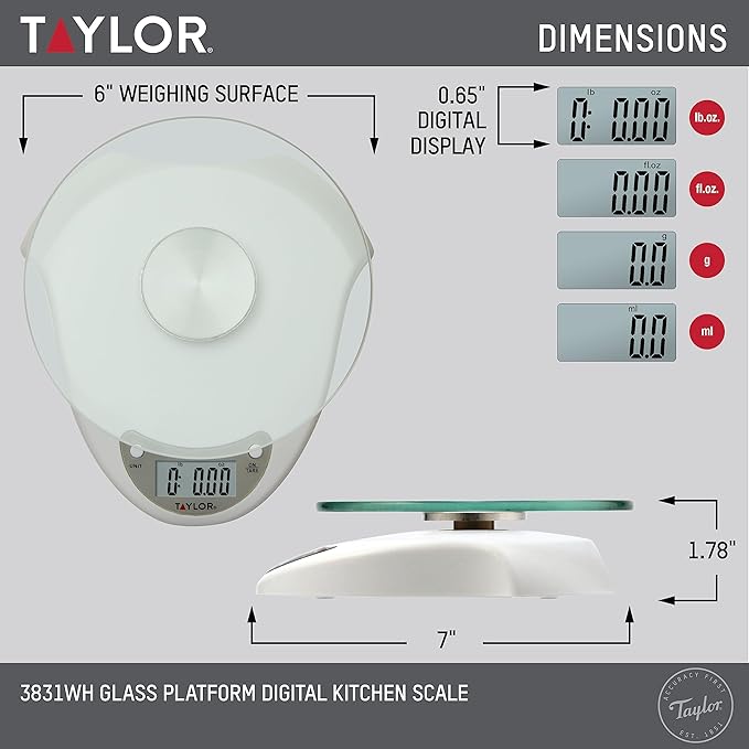 Taylor Digital Kitchen Scale with Glass Platform, Tare Button, and Plastic Body Weighs up to 11 Pounds Capacity, White