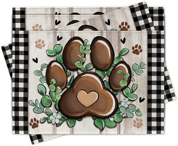 Cat Dog Paw Prints Placemats Set of 4, Eucalyptus Leaves Buffalo Plaid Dining Place Mats Table Decor, Farmhouse Flower Home Kitchen Decoration Pet Owner Lover Gifts 12''x18''