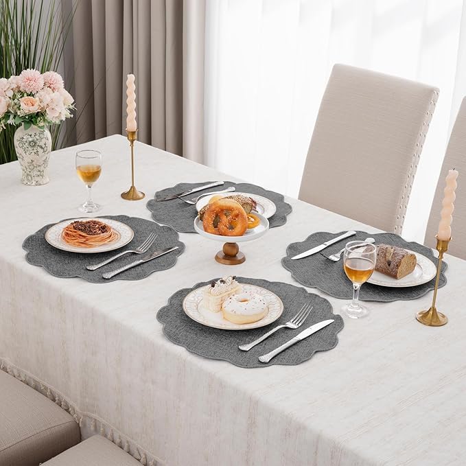 SHACOS Scalloped Round Placemats Set of 6 Polyester Linen Blend 15 inch Washable Non Slip Place Mats Easy Clean Heat Resistant Table Mats for Kitchen Dining Table Decor, Grey