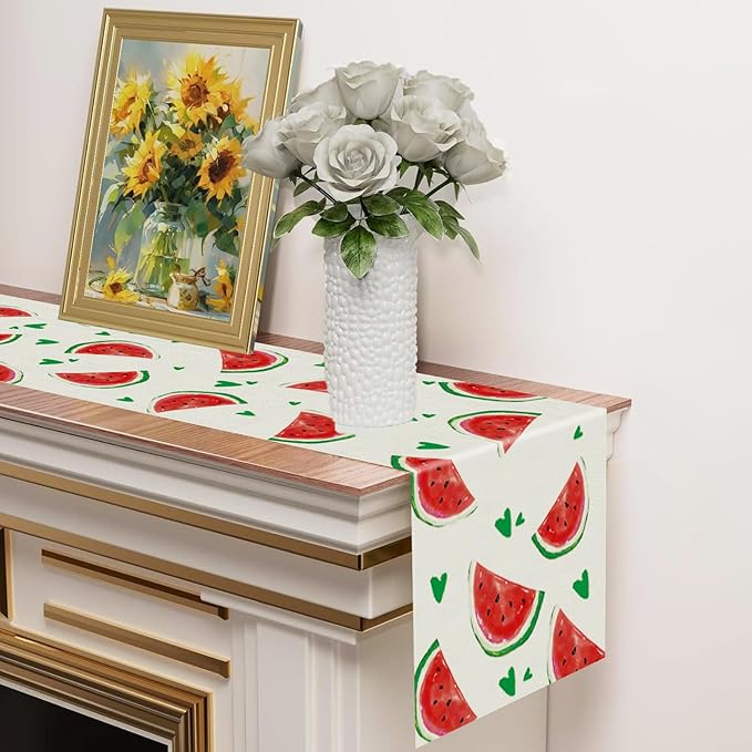 Summer Table Runner Watermelon Green Heart Burlap Table Decoration Holiday Home Party Kitchen Dining Table Supplies 13x72 Inch
