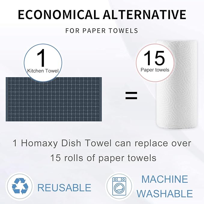 Homaxy Kitchen Towels and Dishcloths Set, 12 x 12 and 13 x 28 Inches, Set of 16 Bulk Cotton Terry Kitchen Towels Set, Checkered Designed, Soft and Super Absorbent Dish Cloths, Dark Grey