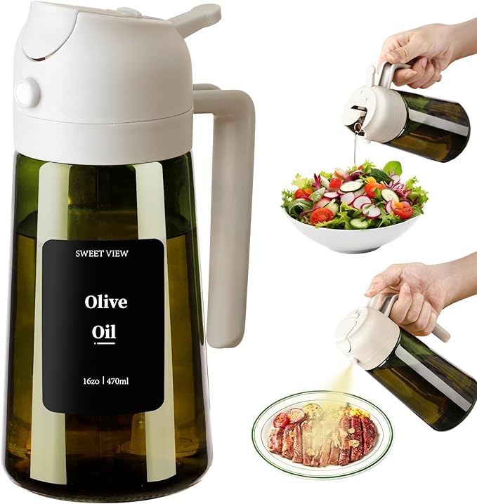 SWEET VIEW Olive Oil Dispenser and Oil Sprayer – 16oz/470ml Glass Light-Proof Oil Pourer for Kitchen, Air Fryer, Cooking, Salad, and BBQ