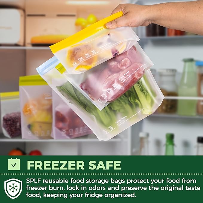 SPLF 10 Pack Stand-Up Reusable Snack Bags Dishwasher Safe, BPA Free Food Storage Bags, Extra Thick Leakproof Freezer Bags Silicone Snack Pouch For Candy, Fruits, Cereal, Home Organization
