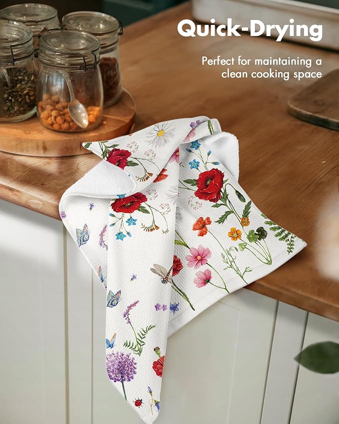 Miss Adola 2pcs Waffle Kitchen Towels - 16x26 Inch Cotton Waffle Weave Dish Cloths Set of 2 with Hanging Loop Absorbent Hand Tea Towels Elegant Design for Housewarming Gift, Wildflower