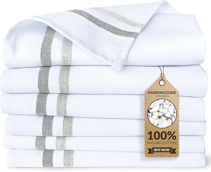 Harringdons 100% Cotton Kitchen Towels, Highly Absorbent Dish Towels for Kitchen with Hanging Loop, Large 20"x28" Washable Towels, Gray Shades, 6 Pack
