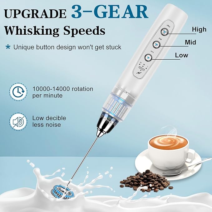BSRGMS Milk Frother Handheld with Stand, Electric Whisk 3 Speed Adjustable, Drink Mixer with Stainless 3 Whisk, Rechargeable Hand Frother Wand, Foam Maker for Latte Cappuccino Hot Chocolate Egg White