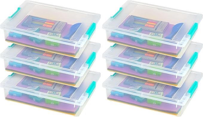IRIS USA 6 Qt. Craft Storage Bins with Lids, 6-Pack, |Made in USA|, Clip Box, Small Plastic Sensory Bin Tote Organizer Containers for Art Supplies, Paper, & Office, Stackable - Clear/Seafoam Blue