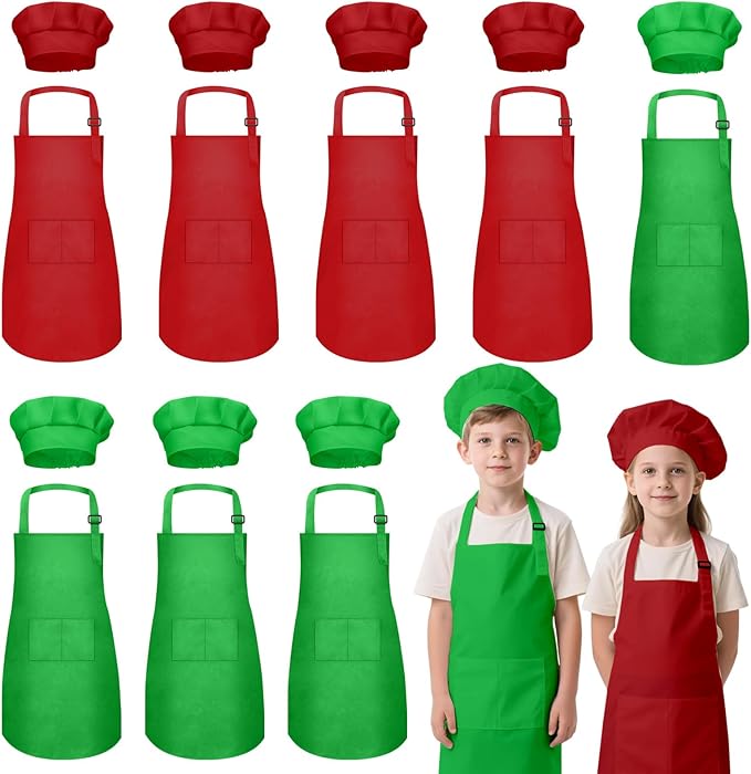 Kids Apron and Chef Hat Set, 16 Pieces Boys Girls Christmas Kids Apron with 2 Pockets Adjustable for Cooking Classroom Baking Painting, 6-13 Years(Red, Green)