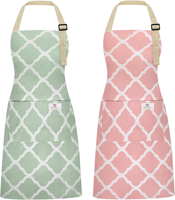 2 Pieces Aprons for Women with Pockets, Cotton Linen Waterproof Kitchen Cooking Aprons, Chef Apronfor Men Women with Adjustable Neck Strap and Long Ties(Pink/Green)