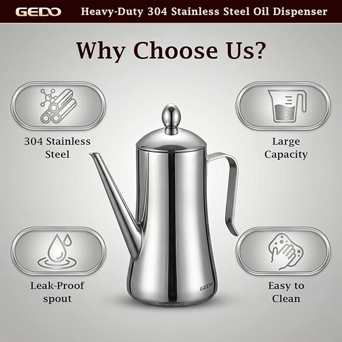 GEDO 304 Stainless Steel Oil Dispenser, Eagle Beak Drip-Free Spout Oil Pot with Extra Wide Mouth & Air Vent Lid, Large Capacity for Kitchen Cooking & Outdoor Grilling (1.05QT / 1000ml)