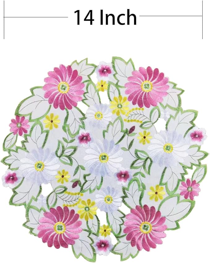AMARED Spring Daisy Placemats Set of 4 Embroidered Flowery Applique Floral Cutwork Table Mats for Home Decoration (Round 14 Inch)