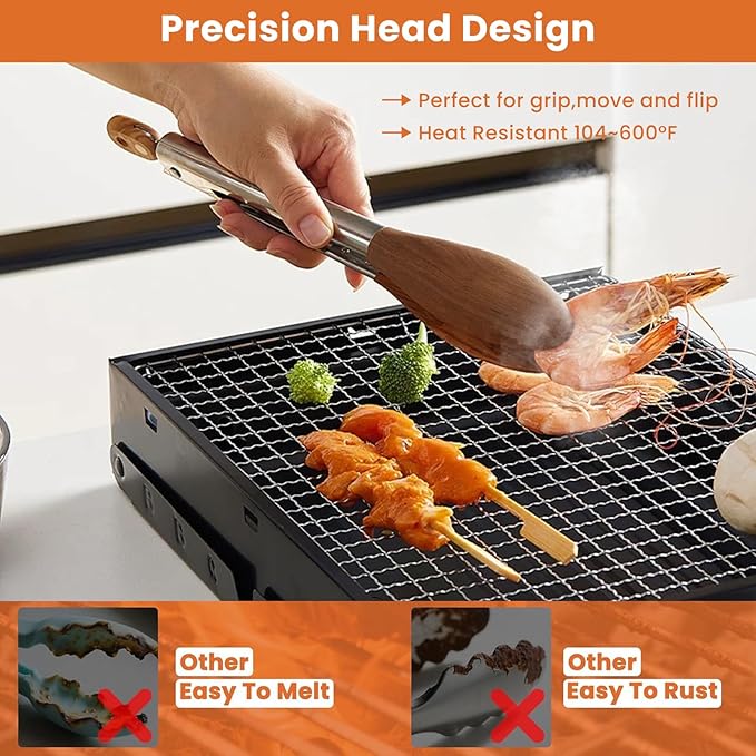 Cooking Set of 6 (3 Natural Walnut Wooden Kitchen Tongs 7",9",12",Self-Adhesive 304 Stainless Steel Hook)【Xhiver】- For Grilling, Serving, BBQ, Salad Tossing | Ergonomic Grip, Heat Resistant, Pull Lock