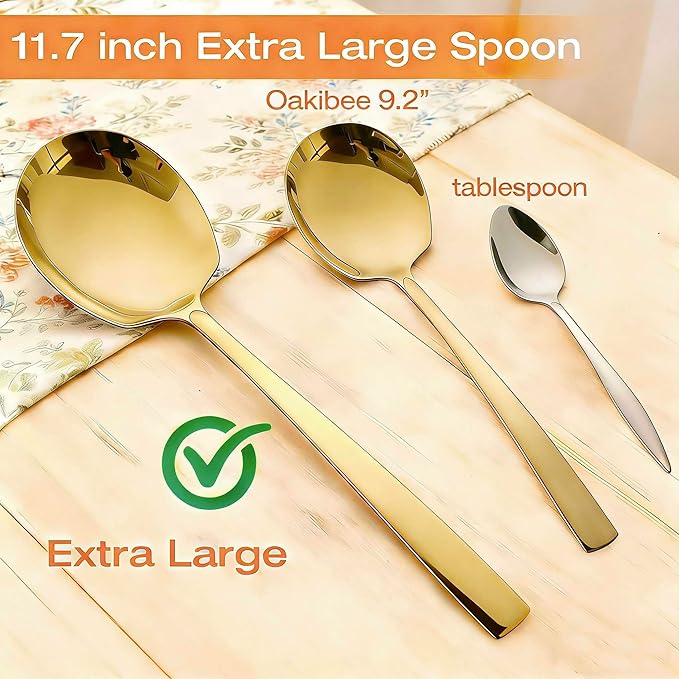 Extra Large Serving Spoons Set 11.7-Inch Gold Serving Utensils 18/8 Stainless Steel Big Metal Spoons for Buffet, Parties, Catering, Banquet - Dishwasher Safe (6-Pack, Gold)