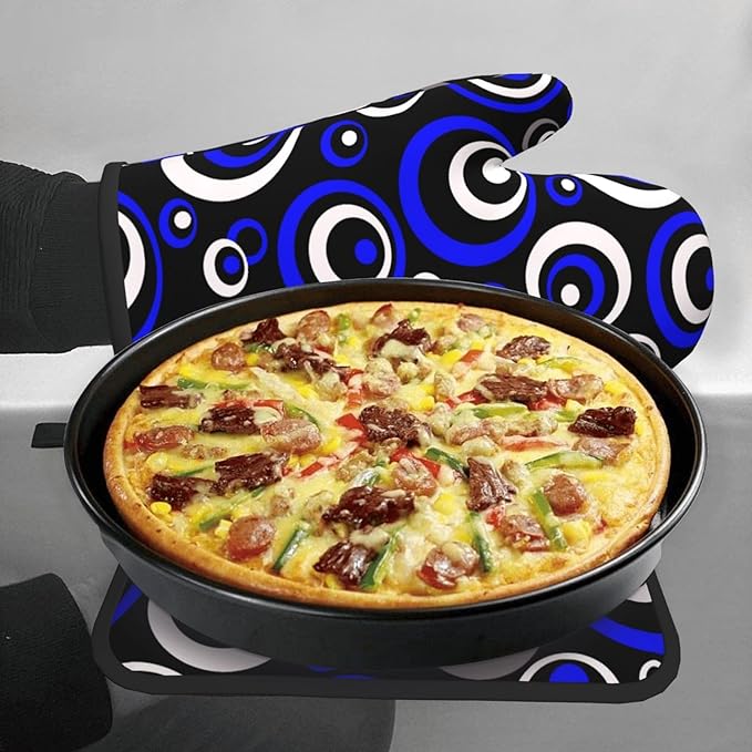 3 - Piece Blue Black White Retro Circular Oven Mitts & Pot Holders Sets, Modern Abstract Art Blue Oven Gloves Heat Resistant for Home Cooking Baking, Cooking, Kitchen Decor & Gift for Culinary Women