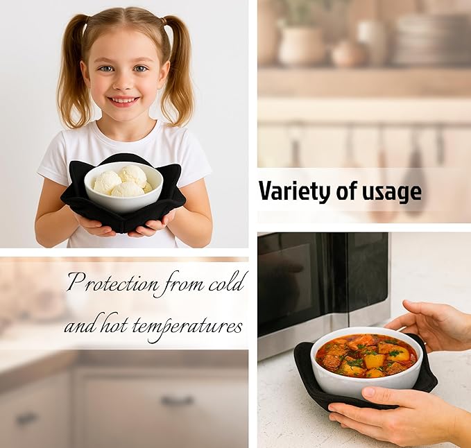 Set 2X Black 7" sq. x 4"H Polyester Microwave Bowl Holder Potholders - Microwavable Soup Bowl Cozy - Hot Pads Holders for Hot Food Quilted - Bowl Cozies for Microwave Kitchen Accessories, Gadgets