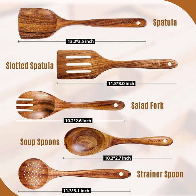 Wooden Spoons for Cooking, Wooden Utensils for Cooking Natural Teak Wooden Kitchen Utensils Set Comfort Grip(5 PCS SET)