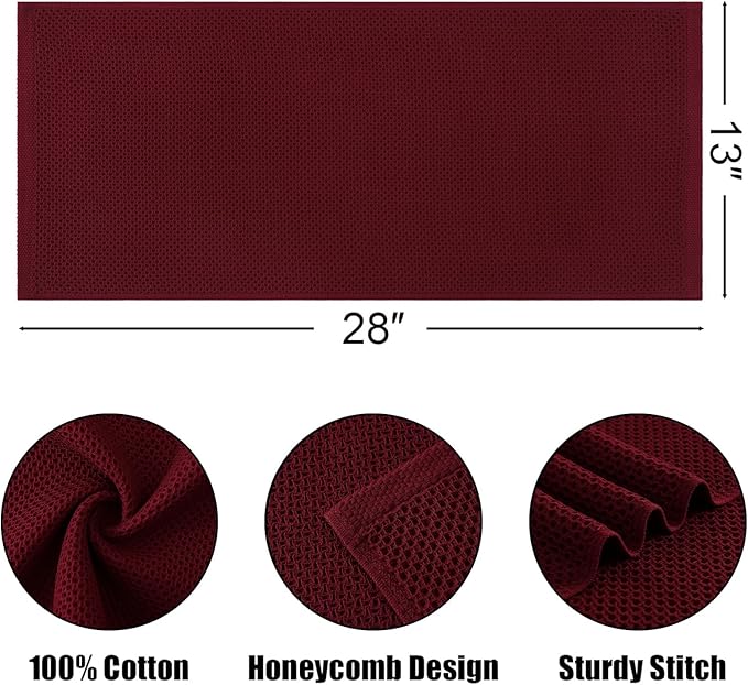 Kitinjoy 100% Cotton Waffle Weave Kitchen Hand Towels (13 X 28 Inches, Burgundy), 4-Pack Super Soft and Absorbent Dish Towel for Drying Dishes