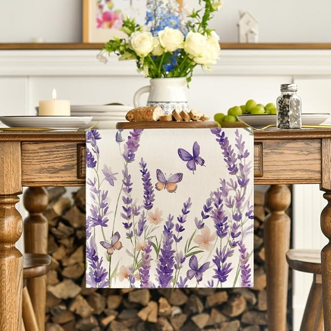 Artoid Mode Purple Lavender Floral Butterflies Spring Table Runner, Seasonal Summer Kitchen Dining Table Decoration for Home Party Decor 13x120 Inch