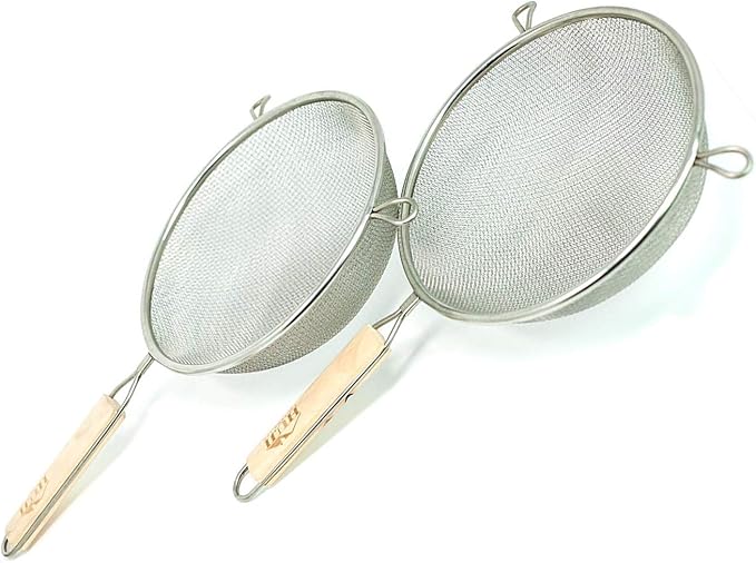 Huji Stainless Steel Fine 8" Double Mesh Food Strainer Colander Sieve Sifter with Wooden Handle for Kitchen Rice Pasta Noodles (2 Pack)