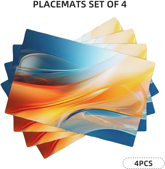 Blue and Orange Abstract Fluid Linen Placemats Set of 4, Non-Slip Heat-Resistant Modern Boho Burnt Orange Yellow and Blue Kitchen Table Mats for Dining Table, Kitchen, Coffee Shop, Modern Home Decor