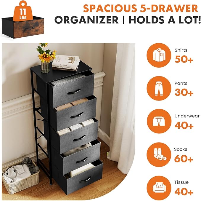 Sweetcrispy 5 Drawer Dresser with Fabric Bins, Sturdy Steel Frame and Wood Top, Storage Organizer Chest for Bedroom, Closet, Hallway, Gray