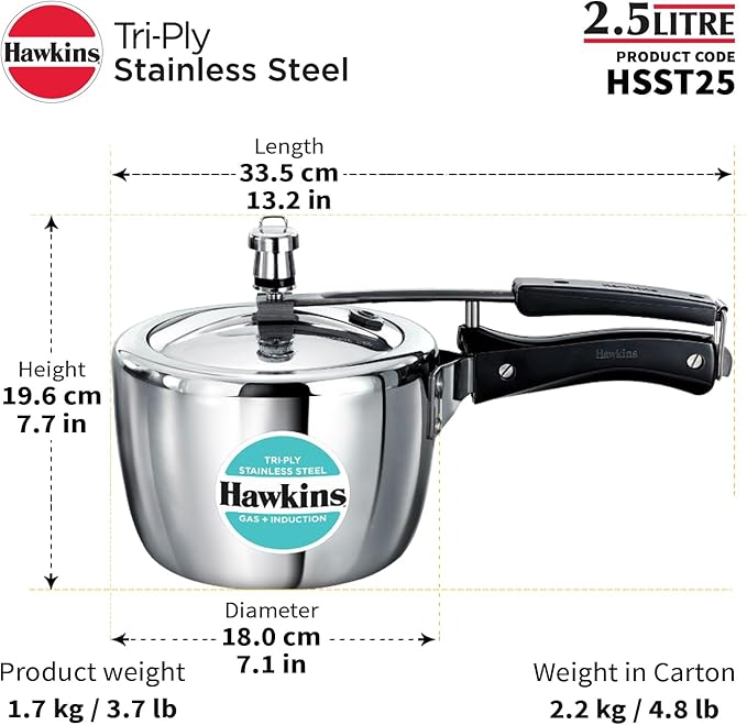 Hawkins 2.5 Litre Triply Stainless Steel Pressure Cooker, Inner Lid Cooker, Silver (HSST25)