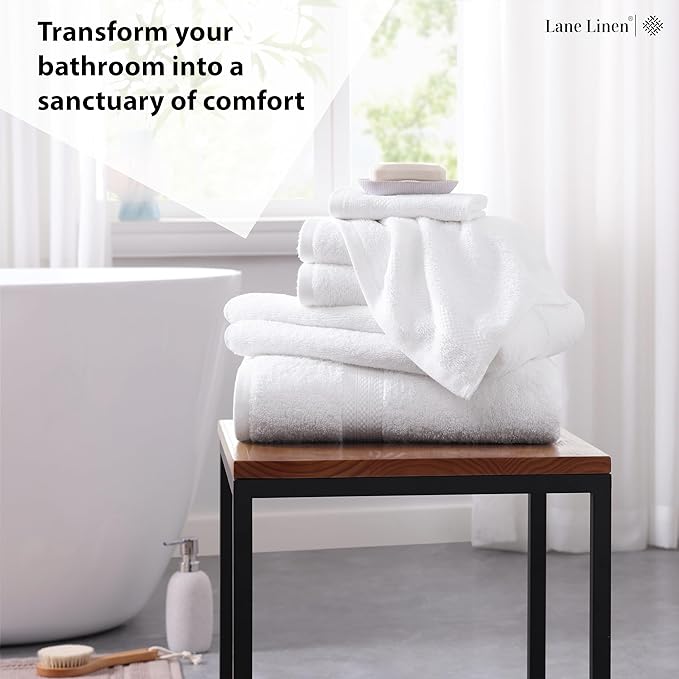 LANE LINEN 100% Cotton Bath Towel Set - 6 Pieces - Super Soft, Highly Absorbent & Quick Dry - 2 Bath, 2 Washcloths, 2 Hand Towels for Bathroom - Hotel Quality, Ideal for Spa, Gym & Travel - White