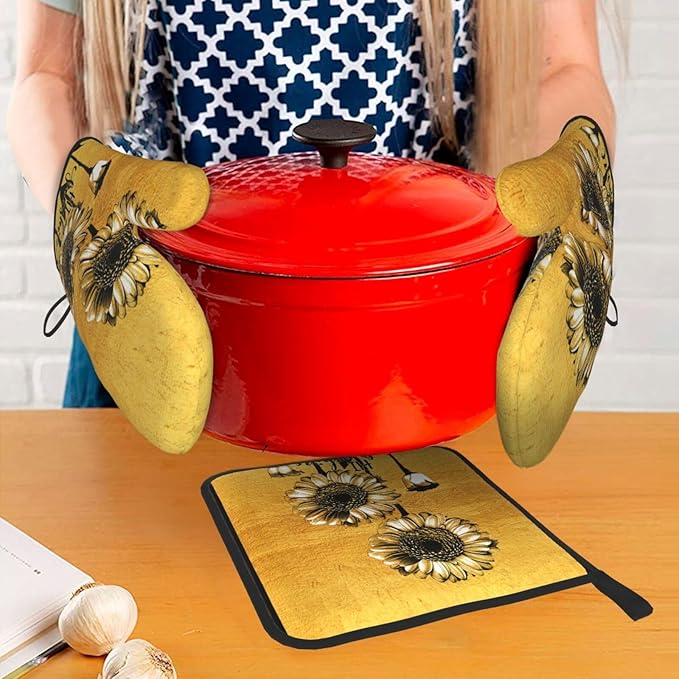 Sunflower Oven Mitts and Pot Holders Sets, Heat Resistant Gold Kitchen Oven Glove for Kitchen BBQ Baking Grilling Cooking, Sunflower Gifts for Women Cooks Bakers Cooking Lover