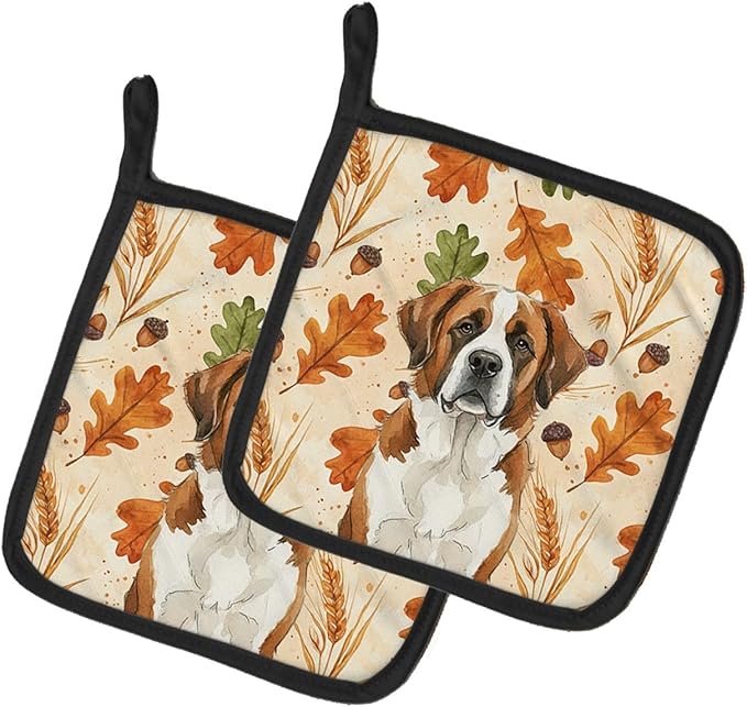 Caroline's Treasures Brown and White Saint Bernard Heirloom Fall Pair of Pot Holders Pair 7.5x7.5 Quilted Insulated Hot Pads Decorative Kitchen Gift Made in USA
