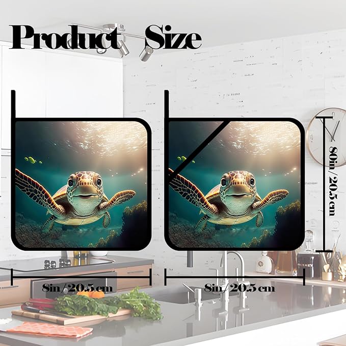 Cute Sea Turtle Pot Holders Set of 2,Kitchen Heat Resistant Potholders for Microwave Cooking Baking Oven and BBQ Gifts for Women