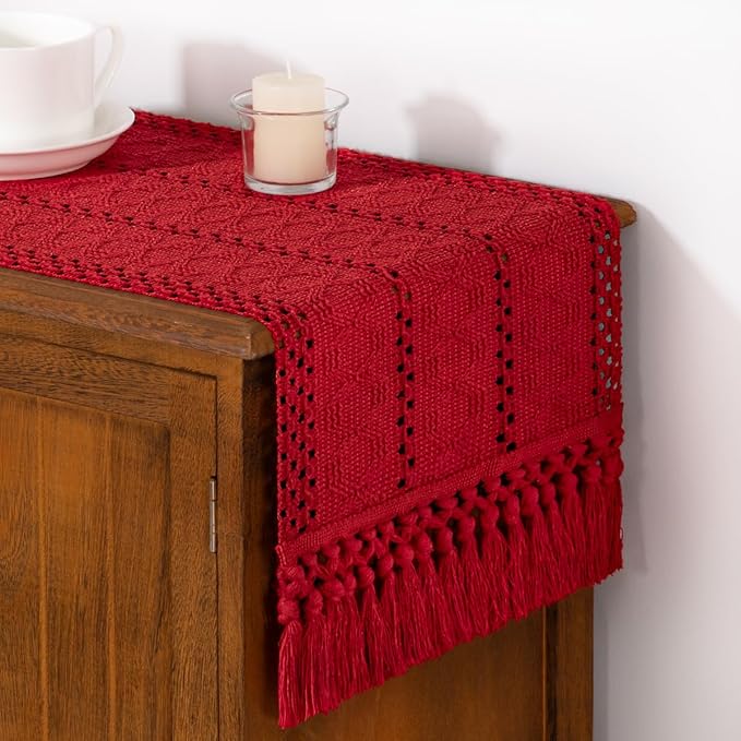 DeZerlor Boho Macrame Table Runner Spring Easter Farmhouse Woven Small Table Runner with Tassels 48 Inches Red Cotton Linen Kitchen Table Decor for Dining Dresser Home Tea Table Decor