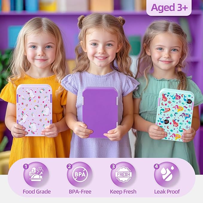 Bento Lunch Box for Kids, 6 Compartments BPA Free, Dishwasher Safe Back to School Snack Bento Lunch Containers Boxes, Ideal Portion Sizes for On-the-Go Meal, Ages 3+, School, Purple