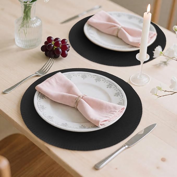 Round Placemats Set of 6, 15 Inch Linen Fabric Table Placemats, Heat Resistant, Wrinkle Free Washable Placemats Kitchen Place Mats Set of 6 for Dining Table Party Table (Black, 6)
