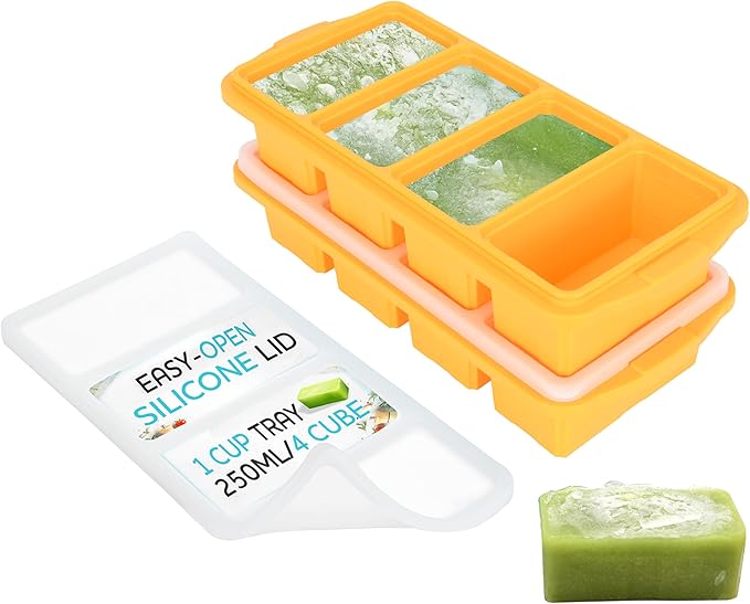XOMOO Silicone Freezer Tray With Lid - Soup Freezer Container molds - Large Ice Cube Tray- makes 8 perfect 1 cup portions cubes, 2-Pack Freezer Storage Food Soups & Meal Prep - Oven & Dishwasher -Safe